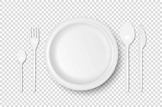 Vector 3d Realistic White Plastic, Paper Disposable Food Dish, Cutlery - Plate, Spoon, Fork, Khife Icon Set Isolated. Top View. Design template, Mock up for Graphics, Branding Identity, Printing