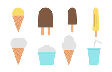 Vector ice-cream and drink clip art set. Cute collection of sweet summer dessert menu. Ice cream illustration isolated on white background. Flat style ice-cream icons collection.