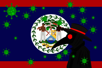 Black plague doctor surrounded by viruses with copy space with BELIZE flag.