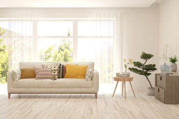 White living room with sofa and summer landscape in window. Scandinavian interior design. 3D illustration
