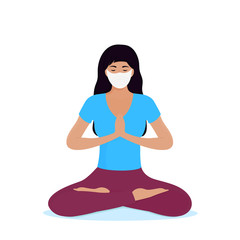 Coronavirus COVID-19. A young woman in protective mask sits in the lotus position. Yoga.