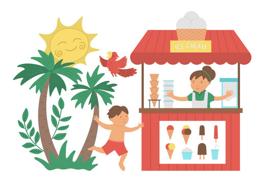 Vector Boy Running To Ice Cream Stall. Flat Tropical Beach Illustration With Funny Kid, Sun, Palm Trees, Parrot, Ice-cream Stand. Cute Summer Concept For Kids..