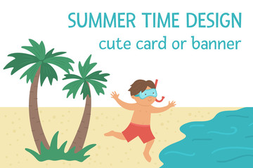 Vector boy running to the sea. Flat tropical beach illustration with funny kid, water, palm trees. Cute summer concept for kids. Funny card or banner design template.