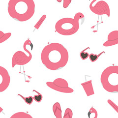 Vector seamless pattern with pink summer elements. Cute flat background for kids with flamingo, plane, sunglasses, funny inflatable rings. Vacation beach texture.