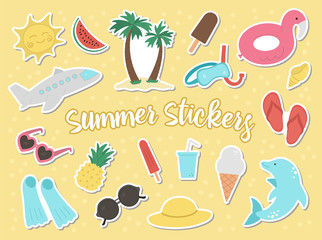 Vector set of summer stickers isolated. Cute flat illustration for kids with palm tree, plane, sunglasses, funny inflatable ring. Vacation beach objects.  Design for print..