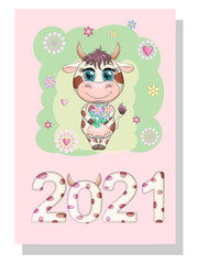 Calendar 2021. Cute bull and cow for every month.