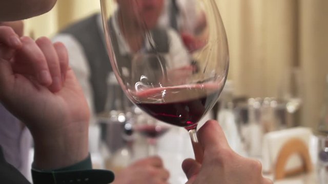 A woman swirls a glass of red wine to open and inhale aroma bouquet at restaurant. A lady tastes a noble drink and communicates with friends at wine degustation. Luxury leisure, hedonistic lifestyle.