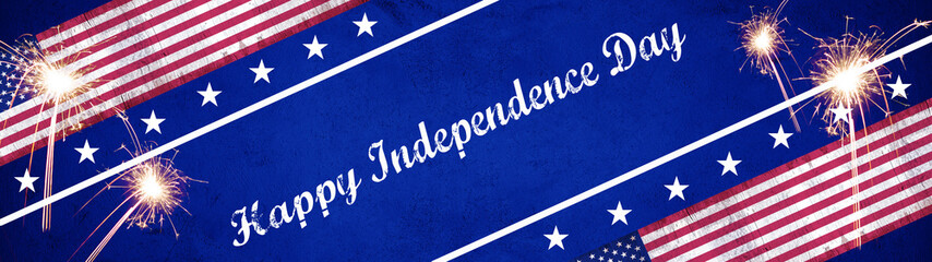 Fototapeta na wymiar Happy Independence Day (4th of July) background banner panorama - American flag and sparkler firework on blue texture