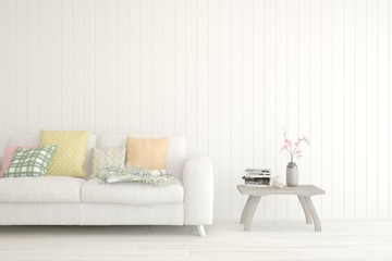 White living room with sofa. Scandinavian interior design. 3D illustration