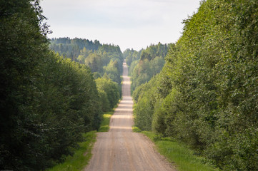 Road in the countryside landscape in Latvia in summer morning light, going up and down through green forest
