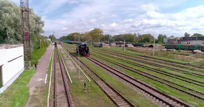 steam locomotive. ostashkov railway station. aerial