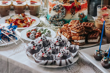 Cupcakes in the form of cats. Children's table catering. Sweets: waffles, sweets, cake, chocolate.