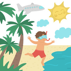 Vector boy running to the sea. Flat tropical beach illustration with funny kid, water, palm trees, sun. Cute summer concept for kids. Funny card or banner design template.