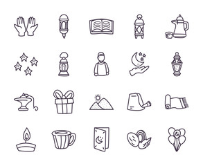 Eid mubarak line style icon set