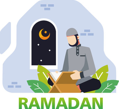 Ramadan background with a muslim male reading the koran in the mosque illustration