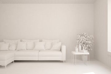 White minimalist living room with sofa. Scandinavian interior design. 3D illustration