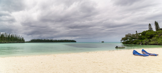 panoramic seascape of isle of pines. sky is cloudy. typical araucaria forest in the background