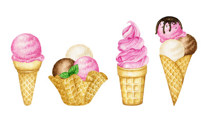 Various ice-cream scoops decorated with chocolate in waffle cone. Watercolor illustration isolated assorted balls of vanilla, chocolate, pink strawberry, raspberry icecream in waffles