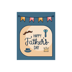 Happy fathers day card with mustache and related icons and decorative pennants