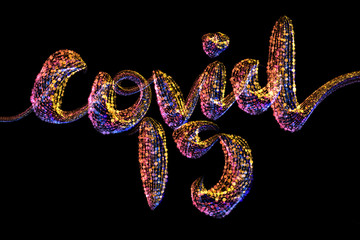 Coronavirus COVID-19 inscription. Medicine and drug concept illustration isolated on black background. Coronavirus epidemic condition