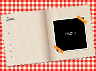 Recipe book and photo area on red white table cloth, vector illustration - obrazy, fototapety, plakaty