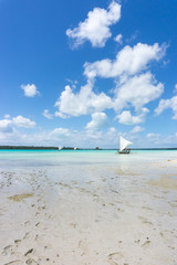 Obraz premium traditional caledonian sailing boat on turquoise water in Upi bay