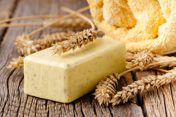 Natural handmade soap on wooden table