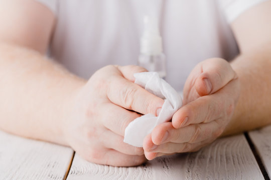 Hands Using Bottle Of Hand Sanitizer, Hand Desinfectant. Preventing Virus Infection During Epidemic Or Pandemic