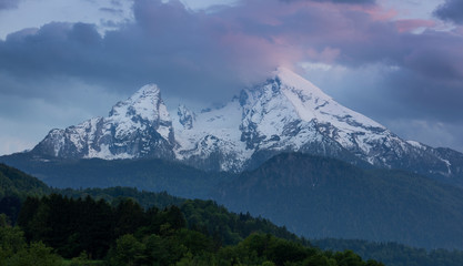 Snow covered mountain peaks of Watzmann at Berchtesgaden with clouds during sunset, green forest in foreground, Bavaria.