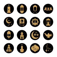 islamic mosque and eid mubarak icon set, block style