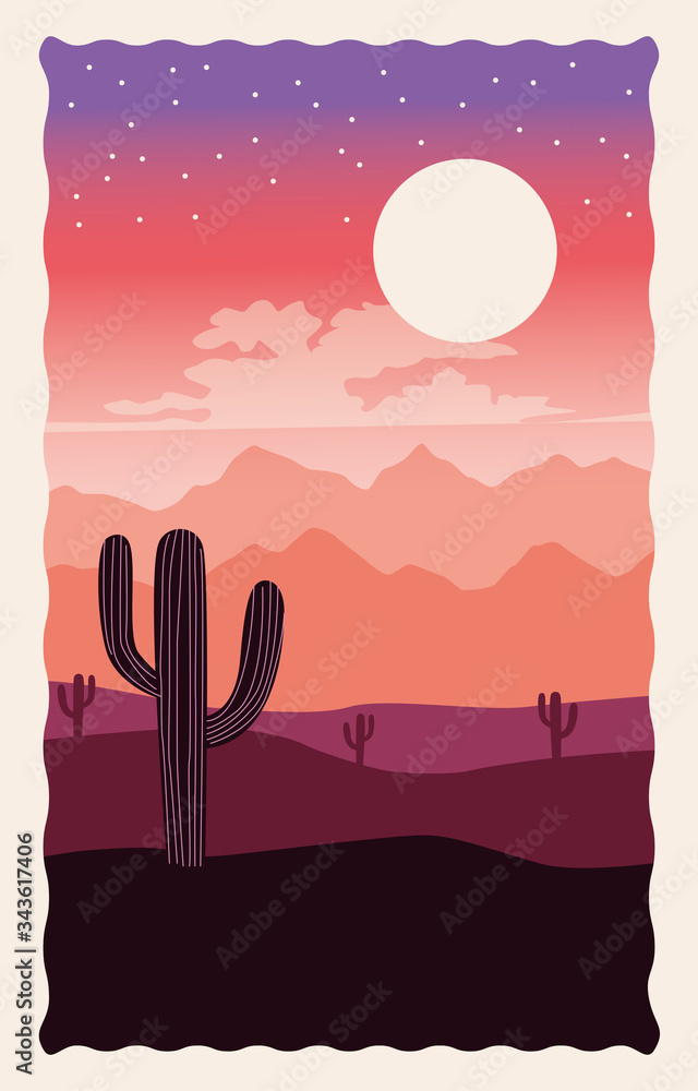 Poster desert landscape flat scene with cactus