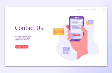 Hand holds mobile phone and writing mail. Contact us landing page. Concept of online support, customer support, email marketing. Vector illustration for UI, web banner, mobile app