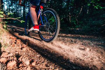 Fototapeta na wymiar Biker riding his bike on a dirt trail through the woods, Xtreme cycling.