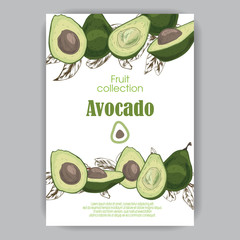 card with avocado hand drawn in green and light green colors