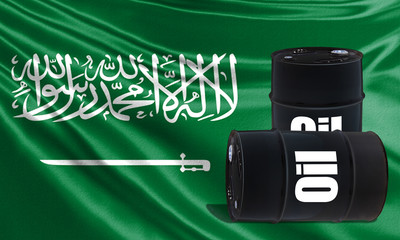 The flag of Saudi Arabia and barrels of oil. Major oil-producing countries. Oil exports from Saudi...