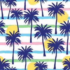 Fototapeta na wymiar Vector seamless pattern with hand drawn palm trees on grunge colorful strips background. Summer backdrop. Tropical coconut palms silhouette with sun.