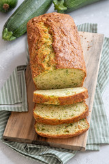 Fresh zucchini sweet bread loaf on a table