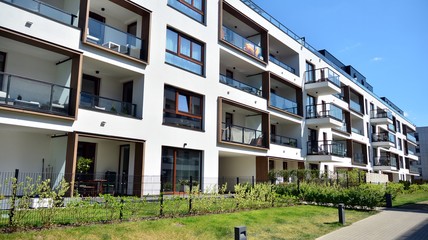 Modern apartment building  on a sunny day with a blue sky. Facade of a modern apartment.