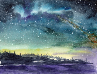 Watercolor illustration of a starry night sky with incredible white clouds with zillion stars and ground with plants