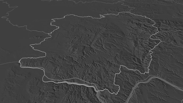 Caraș-Severin, county with its capital, zoomed and extruded on the bilevel map of Romania in the conformal Stereographic projection. Animation 3D