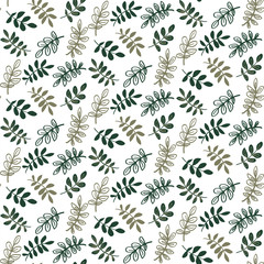 Seamless vector pattern of hand drawn dark green branches and leaves on a white background