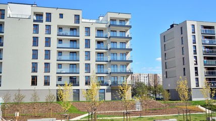 Modern apartment building  on a sunny day with a blue sky. Facade of a modern apartment.