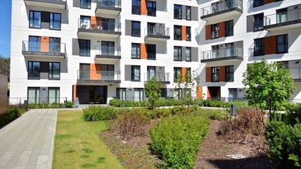 Modern apartment building  on a sunny day with a blue sky. Facade of a modern apartment.