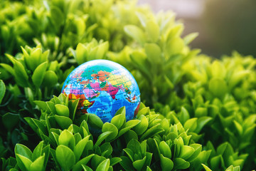 Planet earth model in green plants. Ecology, atmosphere and environment concept.