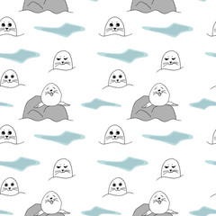 Vector seamless pattern with the image of the blue sea, waves, funny seals and stone. White background. Design for printing postcards, invitations, poster, fabric, bedding, clothes