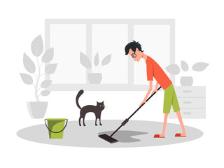 Man mops the floor. Side view. Color illustration. Concept stay home.