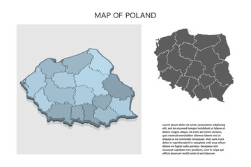 Isometric 3D map of Poland with regions. Political country map in perspective with administrative divisions and pointer marks. Detailed map of Poland. Infographic elements for Website, app, UI,Travel