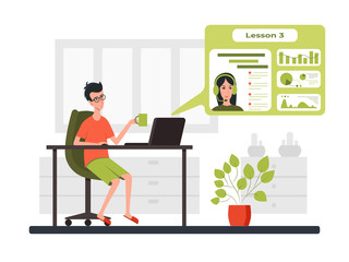 Freelance developer talking teacher in video conference. Color vector cartoon illustration.