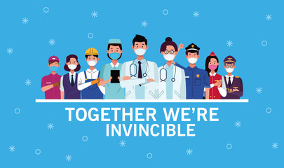 group of workers using face masks and together we are invincible - obrazy, fototapety, plakaty