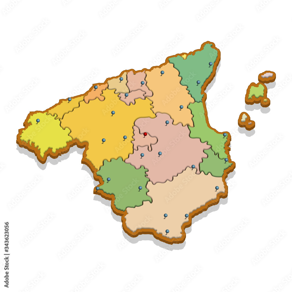 Wall mural Isometric 3D map of the Spain with regions. Isolated political country map in perspective with administrative divisions and pointer marks. Detailed map of Spain. Concept for infographic. Vector EPS10.